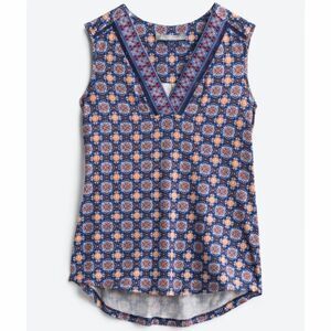 Daniel Rain Finli V-Neck Printed Knit Top Medium Multicolor Blue